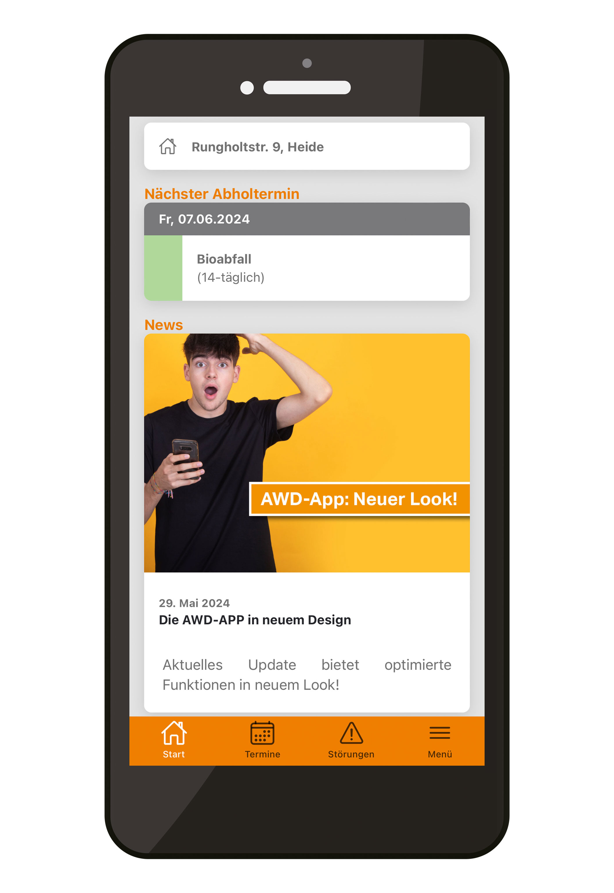 Smartphone mit Startbildschirm der AWD-Abfall-App