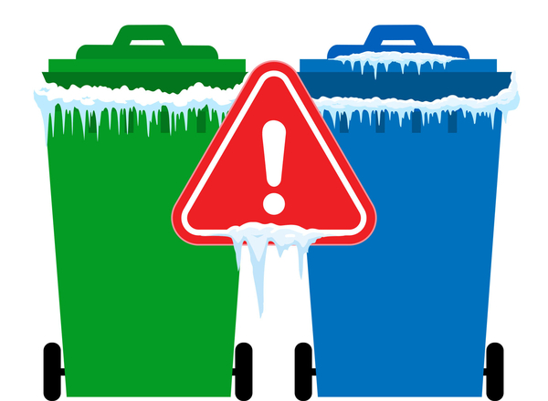 Zwei Abfall-Tonnen, die eingefroren sind mit Eiszapfen und ein Warnschild Achtung!
