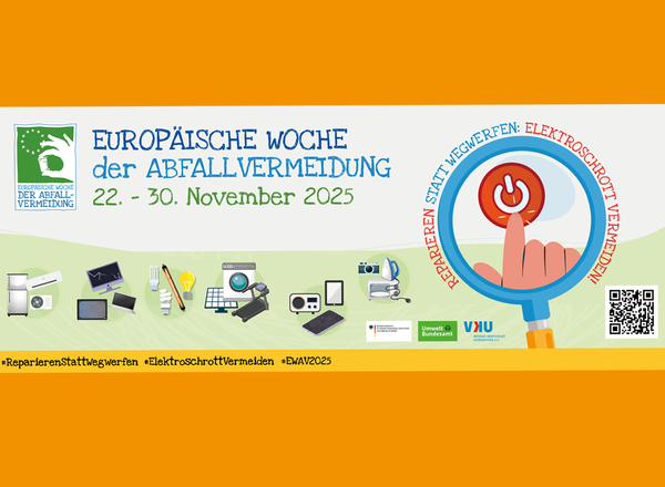 Schlüsselmotiv zur Europäischen Woche der Abfallvermeidung 2025 Schlüsselmotiv der Europäischen Woche der Abfallvermeidung zum Thema Elektroschrott wiederverwerten: Lupe mit Startknopf in Rot.