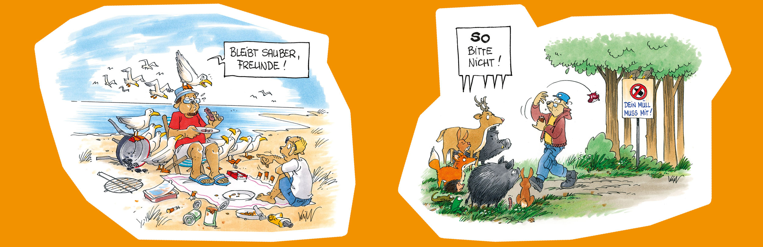 Cartoons a von Kim Schmidt mit Sommermotiven zum Thema Abfallentsorgung als Slider