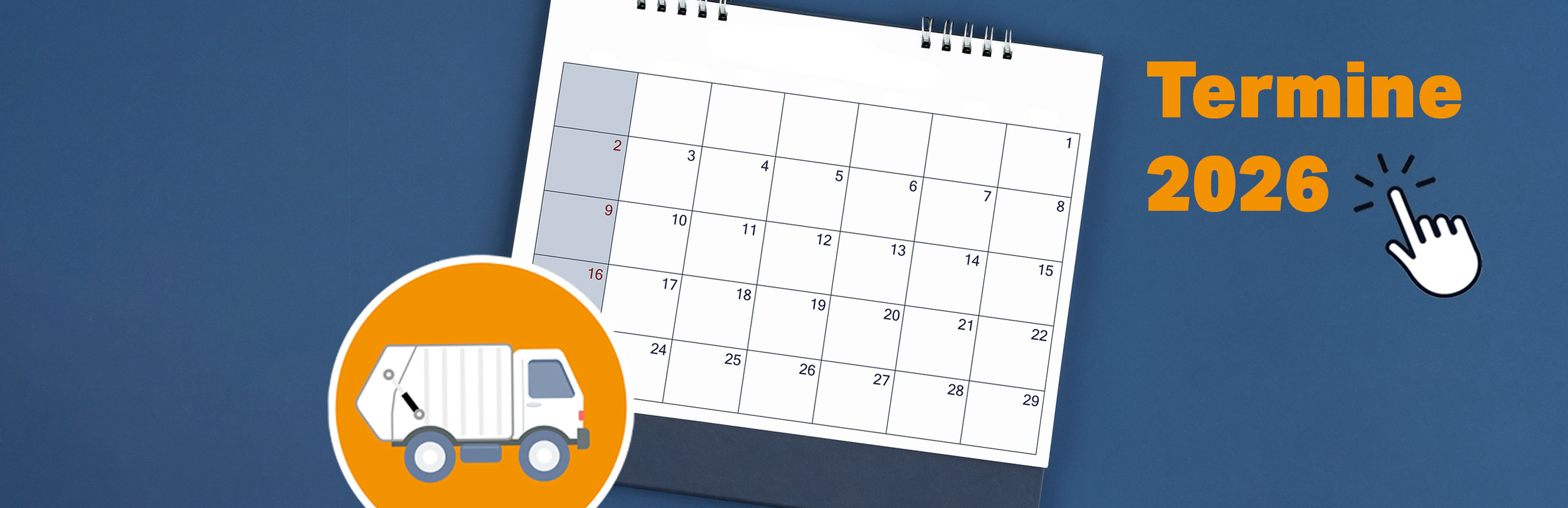 Kalenderblatt und ein Icon mit einem Müllfahrzeug als Button in Orange