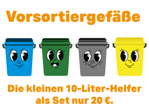 Vorsortiergefäße als Comicfiguren für vier Fraktionen in den Farben gelb, grau, grün und blau.