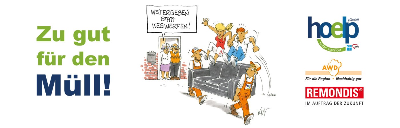 Schlüsselmotiv für die Aktion "Zu gut für den Müll". Schlüsselmotiv für die Aktion Zu gut für den Müll. Comiczeichnung zweier Personen, die ein Sofa besetzen, das in den Sperrmüll sollte. Es ist noch zu gebrauchen.